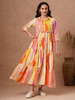 FASHOR - Multi-Color Abstract Printed A-Line Pleated Tiered Maxi Dress with Belt (Set of 2)