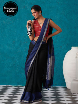 Likha - Blue Linen Zari Blend Bhagalpuri Saree with Unstitched Blouse LIKSAR74 (Free Size)