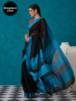 Likha - Black Linen Zari Blend Bhagalpuri Saree with Unstitched Blouse LIKSAR78 (Free Size)