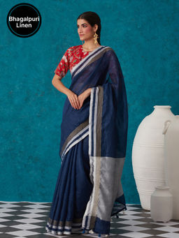 Likha - Blue Linen Zari Blend Bhagalpuri Saree with Unstitched Blouse LIKSAR80 (Free Size)