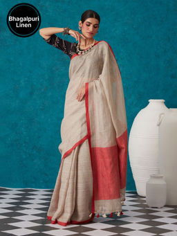 Likha - Beige Linen Zari Blend Bhagalpuri Saree with Unstitched Blouse LIKSAR83 (Free Size)