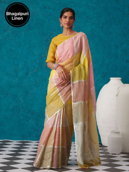 Likha - Beige Linen Zari Blend Bhagalpuri Saree with Unstitched Blouse
