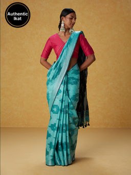 Likha - Turquoise Cotton Ikat Saree with Unstitched Blouse LIKSAR93 (Free Size)