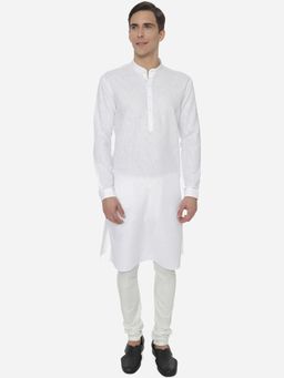 JB Studio - Men White Cotton Regular Fit Self-Textured Modi Kurta