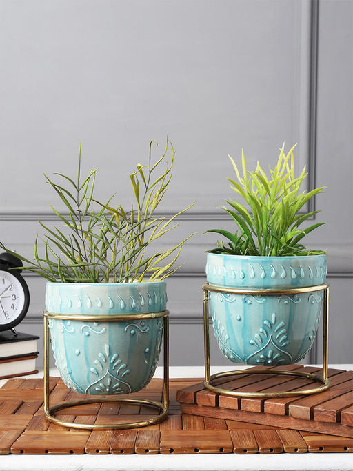 Miah Decor Ceramic Embossed Decorative Planter Flower Pot-Teal -Set Of 2