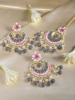 Zaveri Pearls - Grey & Orange Meenakari Crescent Earring & Maangtikka Set-ZPFK15370