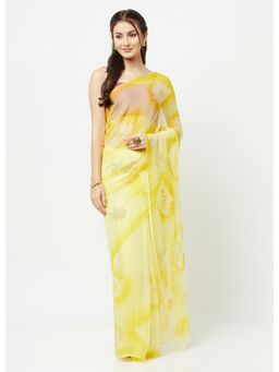 La Vastraa - Dyed Yellow Embellished Chiffon Saree With Unstitched Blouse