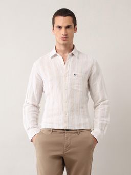 Arrow Sports - White Men's Vertical Striped Pure Linen Shirt