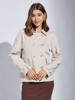 Latin Quarters - Women Beige Solid Full Sleeve Casual Jacket