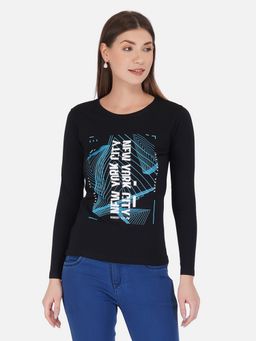 ap'pulse - Women Black Round Neck Long Sleeve Printed T-Shirt