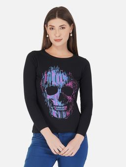 ap'pulse - Women Round Neck Black Long Sleeve Printed T-Shirt