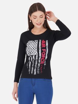ap'pulse - Women Round Neck Black Full Sleeve Printed T-Shirt