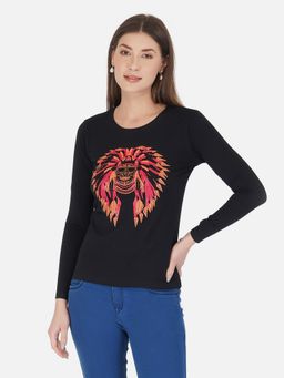 ap'pulse - Women Round Neck Black Printed T-Shirt