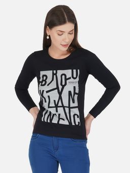 ap'pulse - Women Black Round Neck Full Sleeve Printed T-Shirt