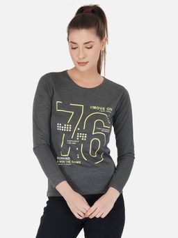ap'pulse - Women Charcoal Round Neck Long Sleeve Printed T-Shirt
