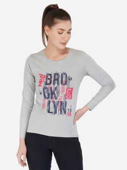 ap'pulse - Women Grey Round Neck Long Sleeve Printed T-Shirt