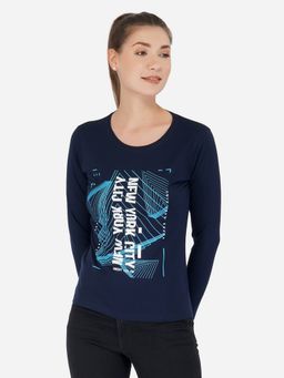 ap'pulse - Women Navy Blue Round Neck Long Sleeve Printed T-Shirt