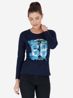 ap'pulse - Women Round Neck Navy Blue Long Sleeve Printed T-Shirt