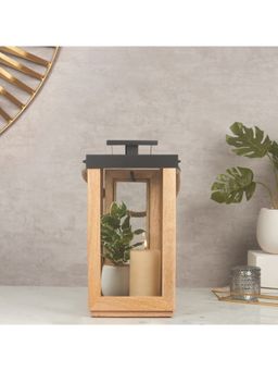 HomeTown - Ebony Handcrafted Modern Metal And Glass Lantern With Wooden Base 40 Cm In Black Colour
