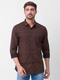 Spykar - Charcoal Brown Cotton Full Sleeve Printed Shirt