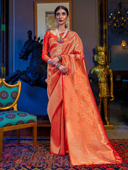 Akhilam - Orange Traditional Weaving Kanjivaram Silk Designer saree with Unstitched Blouse