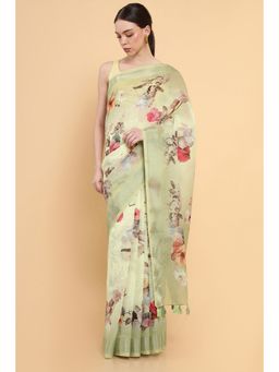 Soch - Women Green Linen Printed Saree with Stitched Blouse