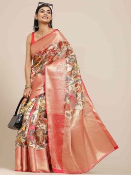 Silk Land - Floral Printed Silk Saree with Unstiched Blouse Piece Beige & Red with Unstitched