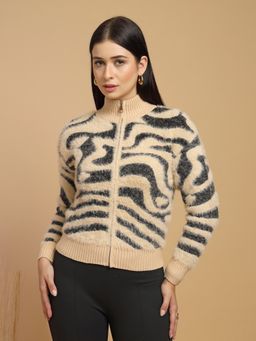 Gipsy - Women Beige Animal Print Acrylic Cardigan