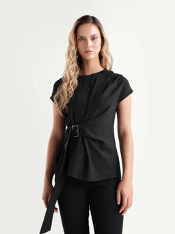 RAREISM - Women Black Solid/Plain Viscose Blend Top