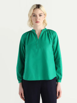 RAREISM - Women Green Solid/Plain Cotton Top