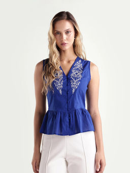 RAREISM - Women Blue Embroidered Cotton Top