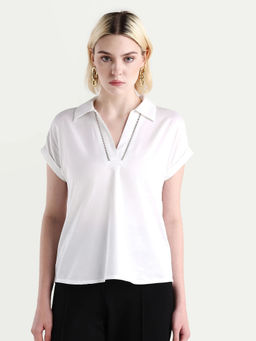 RAREISM - Women White Solid/Plain Cotton Top
