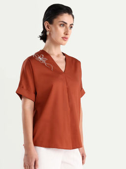 RAREISM - Women Rust Solid/Plain Cotton Top