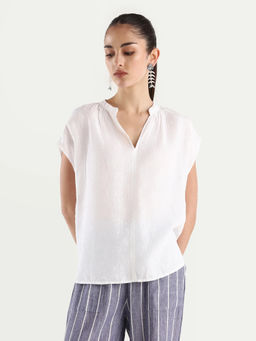 RAREISM - Women White Solid/Plain Linen Top
