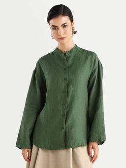 RAREISM - Women Green Solid/Plain Linen Shirt
