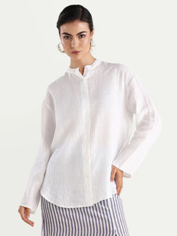 RAREISM - Women White Self Design Cotton Shirt