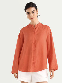 RAREISM - Women Orange Solid/Plain Linen Shirt