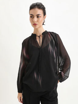 RAREISM - Women Black Abstract Polyester Top
