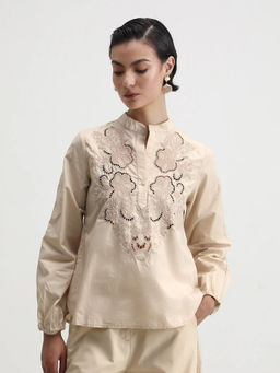 RAREISM - Women Beige Embroidered Cotton Top