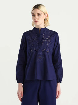 RAREISM - Women Navy Blue Embroidered Cotton Top