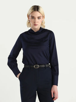 RAREISM - Women Navy Blue Solid/Plain Cotton Blend Top