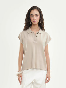 RAREISM - Women Beige Solid/Plain Viscose Blend Top