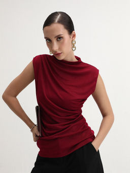 RAREISM - Women Maroon Solid/Plain Cotton Top