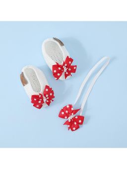 FUNKRAFTS - Handmade Crochet Infant Girl Booties With Headband - White & Red (Set of 2) (6-12 Months)