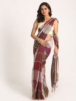 Angoshobha - Multi-Color Traditional Handloom Check Linen Saree with Unstitched Blouse