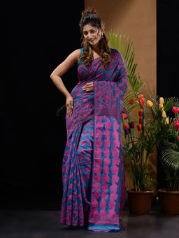CHARUKRITI - Sapphire Blue & Pink Handwoven Saree with Floral & Paisley Designs