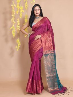CHARUKRITI - Magenta Cotton Blend Handwoven Zari Motifs & Floral Borders Saree with Unstitched Blouse