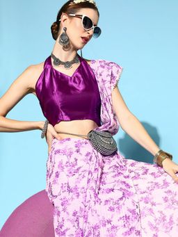 Odette - Georgette Purple Embellished Designer Saree with Unstitched Blouse