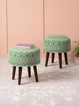 Nestroots - Green Botanic Fabric Wooden Ottomans (Pack Of 2)