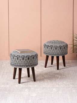 Nestroots - Black Botanic Fabric Wooden Ottomans (Pack Of 2)